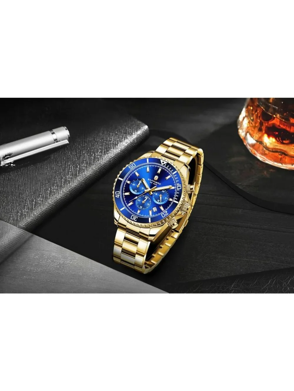 Men's Gold Strap Blue Face Chronograph Stainless Steel Waterproof Wrist Watch